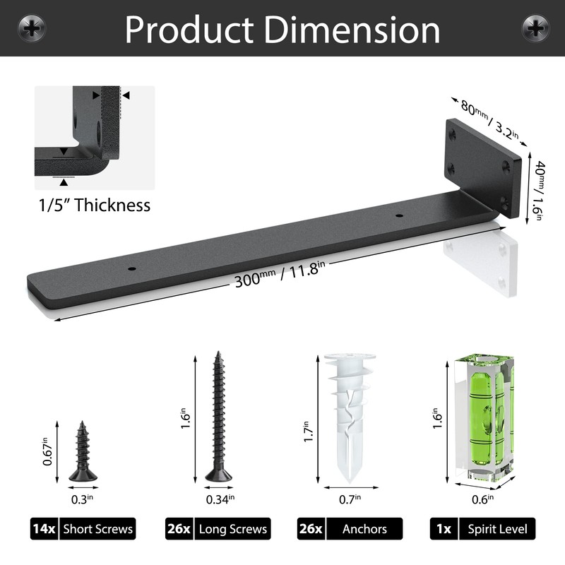 Heavy Duty Shelf Brackets 12 inch (1/5") Thick, 6 Pack