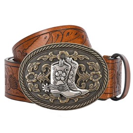 KorhLeoh Western Leather Cowboy Buckle Belt for Men Women Jeans Engraved Floral Longhorn Bull Texas Buckle Belt (33-41 Inch Waist), Boots-brown