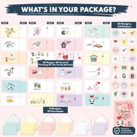 Decorably 24 Pack Assorted 6x4in Animal Thinking of You Cards with Envelopes and Stickers, 24 Unique Designs Thinking of You Cards for Kids with Printed Message Inside