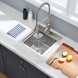 EcoChannels Kitchen Sink, 15 x 15 x 10 inch Small Bar Prep Sink 16 Gauge Stainless Steel Drop Single Bowl Workstation with Cutting Board