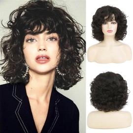 Kaneles Women Short Black Curly Bob Wigs with Bangs Shoulder Length Naturel Fluffy Synthetic Hair Wigs for Daily Party Use