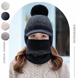 Lucy Winter Warm Knit Hat with Earflaps and Pom-Pom & Neck Warmer Set Warmer Black