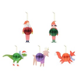 PartyDeco 5 Christmas Honeycomb Decorations, Christmas Tree Decorations, Festive Baubles Santa Reindeer Elf Fox Dinosaur, Christmas Crafts