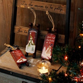 WHY Decor Red Wooden Christmas Sled with Snowman Pattern Christmas Tree Ornaments Decorative Christmas Sleigh Christmas Tree Hanging Decoration Xmas Ornament Holiday Decor for Home Party Set of 3