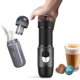 STARESSO MINI Travel Coffee Maker & Manual Milk Frother, 2IN1 Portable Espresso Maker, Manual Espresso Machine Compatible with NS Capsules and Ground Coffee (Black)