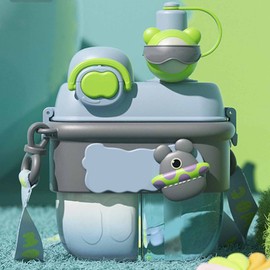 Cute Water Bottle Double Chamber 500ml with Straw Sticker Adjustable Shoulder Strap Leakage Proof Travel Water Bottle for Kids Blue