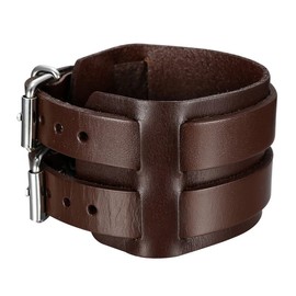 BOBIJOO JEWELRY - Bracelet de Force Marron Homme Cuir Vachette Véritable Stainless Steel Double Ceinture, Leather