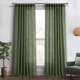 MIULEE Olive Green Linen Curtains 90 Inches Long 2 Panels for Bedroom Living Room, Back Tab & Pleat Tape with Hooks Soft Thick Linen Textured Window Drapes Semi Sheer Light Filtering Burlap Look Decor