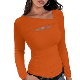 XIEERDUO Womens Fall Fashion 2024 Y2K Shirt Square Neck Tops Going Out Tops for Women Orange L