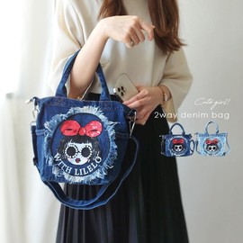 DIVA Rose Women's Shoulder Bag, Mini 2-Way Bag, Small, Cross-body Design, Lightweight, Lightweight, Handbag, Tote Bag, Denim, 4. Big Ribbon Girl: Indigo Blue