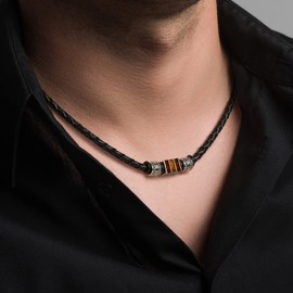 Sterll Men's Necklace Leather Black Berstone Pendant 925 Silver Eco Packaging Men Gifts, Stainless Steel