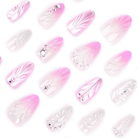 24Pcs Pink Ombre Press on Nails Medium Almond Handmade Fake Nails Nude False Nails with 3D Shell Pearl Rhinestones Designs Full Cover Summer Acrylic Crystal Nails for Women DIY Manicure