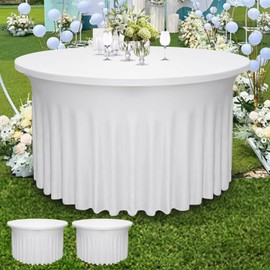 Yoquare 2 Pack 48" Diameter x 30" Height White Round Table Skirt | Fits 4FT Round Tables |Polyester Spandex Round Table Cloths with Skirt|Stain 、Wrinkle Resistant、 for Wedding,Party,Dining,Banquet