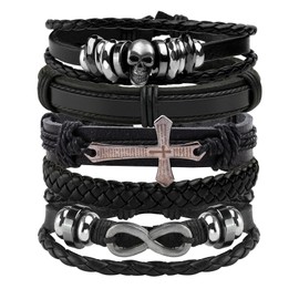 Eigso 5 Pcs Punk Braided Leather Bracelets for Men Women Unisex Vintage Gothic Cross Wristbands for Woman Man