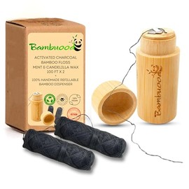 Vegan Biodegradable Bamboo Activated Charcoal Dental Floss. Natural Candelilla Wax & Peppermint. Handmade Refillable Organic Bamboo Container. Zero Waste Oral Care. 3 Pack (Dispenser + 2 Refill)