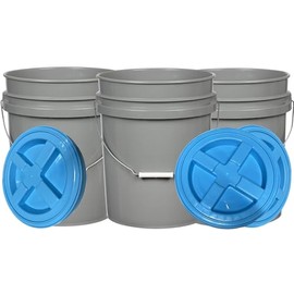 House Naturals 5 Gallon Food Grade Made in USA Plastic Bucket with Screw On Air Tight Double Gasket lid, (Pack of 3) (Grey Buckets - Aqua Lids)