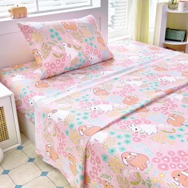 Homilay Twin Sheets Set Kids - 3 Piece Pink Rabbit Sheets for Boys, Girls, Teens, Toddler, Easy Fit Deep Pockets, Breathable, Wrinkle-Free, Cozy Soft Cartoon Print Cute Bed Sheets