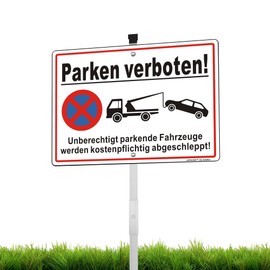 XL Sign Parking Prohibited Aluminium Reflective 25 x 35 cm with 70 cm Posts and Accessories, UV-Resistant, Waterproof, Rustproof, with Drill Holes, White