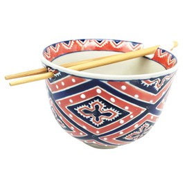 Ebros Japanese Design Ceramic Ramen Udong Noodles Bowl and Chopsticks Set for Asian Dining Soup Rice Gourmet Meal As Taste of Asia Collection of Bowls Decor Kitchen Decorative (Diamond Motif)