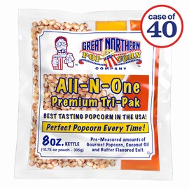 8 oz Popcorn Packs – Pre-Measured, Movie Theater Style, All-in-One Kernel, Salt, Oil Packets for Popcorn Machines by Great Northern Popcorn (40 Case)