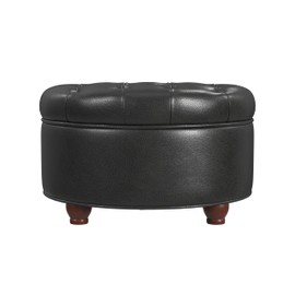 HomePop Home Decor | Button Tufted Faux Leather Round Storage Ottoman | Ottoman with Storage for Living Room & Bedroom (Black Faux Leather)