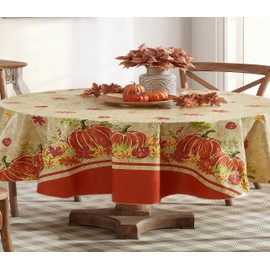 Newbridge Paisley Pumpkin Shabby Chic Print Fall Thanksgiving Vinyl Flannel Backed Tablecloth, Pumpkin Autumn Leaf Border Easy Care Vinyl Tablecloth with Flannel Backing, 60” x 84” Oval