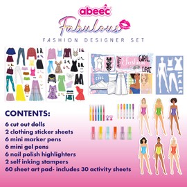 abeec Fashion Designer Kits for Girls, Creative Art Set for Kids - Fashion Drawing Set Includes Fashion Sketchbook, Stencil Sheet, Felt Tips, Highlighters, Gel Pens, Stamps & Activity Book
