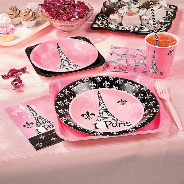 Perfectly Pink Paris Party Kit for 8 Guests (57 piece set) Plates, Cups, Napkins and Tablecloth