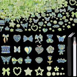 120 PCS 3D Nail Charms Butterfly Bow Star Heart Bear Shiny Jewels with 3D Flowers and Flat Pearls, Over 300 PCS Cute Charms in Total with Pickup Tools for Nail Art Decoration(Green)