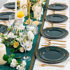 DaYammi 150Pcs Green Plastic Plates with Gold Rim, Green Disposable Plates Set include 30 Dinner Plate, 30 Dessert Plate, 90 Gold Plastic Silverware set for Party Wedding