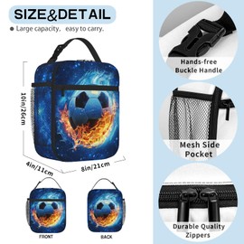 MAHIPOCI Soccer Kids Lunch Box Bag Insulated for School Boys Girls Starry Blue with Flame Accents Reusable Lunch Container Cooler Box Bag for Kids Boys Girls for School Work Travel Picnic Hiking