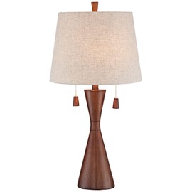 Omar Modern Contemporary Table Lamp 28.75" Tall Warm Brown Wood Hourglass Oatmeal Fabric Tapered Drum Shade for Living Room Bedroom House Bedside Nightstand Home Office Family - 360 Lighting