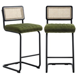 ONEVOG 26" Modern Counter Height Stools with Solid Wood Backs, Natural Rattan Barstools Set of 2, Upholstered Velvet Bar Stools for Kitchen Counter