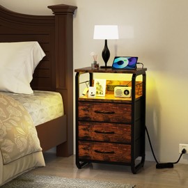 runjuly Bed Side Table with 3 Fabric Drawers, Night Stand with Charging Station, LED Nightstand with Hooks, Bedside Table End Table with Storage, Night Table for Living Room, Bedroom (Rustic Brown)