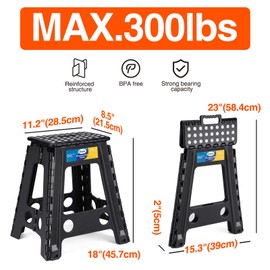 Korpai 18" Folding Step Stool for Adults and Kids Holds Up to 300 lbs,Non-Slip Folding Stools with Portable Handle, Compact Plastic Foldable Step Stool for Bathroom,Bedroom, Kitchen,Black,1PC