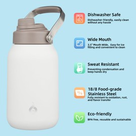 BJPKPK Half Gallon Insulated Water Bottles, 64oz Water Jug with Metal Handle & BPA Free Spout Lid, Dishwasher Safe Thermos Water Bottle, Large Stainless Steel Gym Sport Water Bottles, Milky White