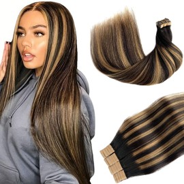 Tape in Hair Extensions Human Hair Yaki Straight Natural Black Hair Extensions Balayage Caramel Blonde Highlights Real Remyh Human Hair 16 Inch 50g/pack 20pcs Tape Hair Extensions for Black Women