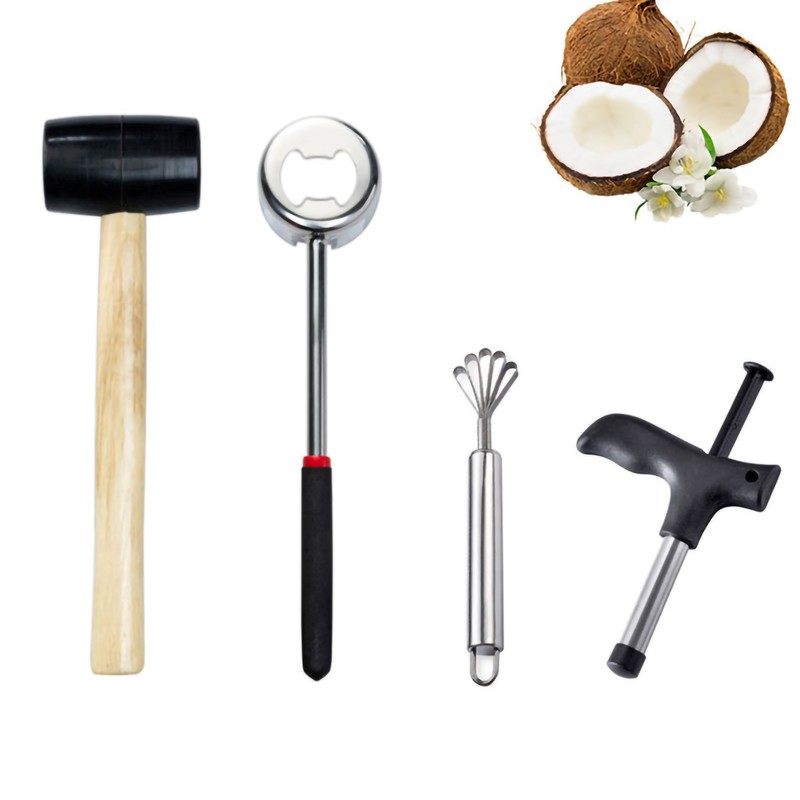 Coconut Opener Tool Set Stainless Steel Coconut Breaker with Rubber