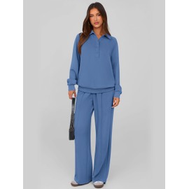 PRETTYGARDEN Women Fall 2 Piece Outfits Sweatsuits Quarter Button Long Sleeve Sweatshirt Wide Leg Pants Tracksuit Lounge Sets(Blue,X-Large)