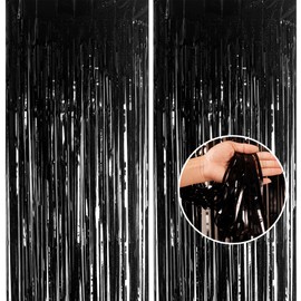 2pcs 3.2 x 8.3ft Glitter Black Tinsel Foil Fringe Curtain Door Tinsel Curtain Streamers Party Curtain Photo Banner Decorations for Birthday School Graduation Hen Party Decorations Black