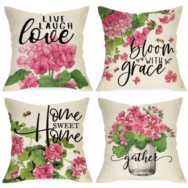 Ussap Pink Geranium Flower Decorative Throw Pillow Covers 16x16 Set of 4, Sweet Home Floral Mason Jar Spring Summer Cushion Case Decor, Bloom with Grace Live Laugh Love Home Decoration for Sofa Couch