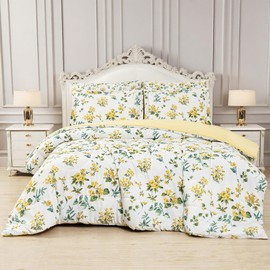 lasoftan King Size Comforter Set, Floral Printed 7 Piece Bag in a Bag Bedding Set, All Season Lightweight Green Leaves and Yellow Flower Pattern Farmhouse Comforter with Sheets