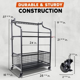 IDZO 2-Tier Garden Tool Organizer for Garage, 85 Lbs Capacity Garden Tool Rack with 2 Lockable Wheels, 5 Removable Hooks and Power Coated Steel Tube To Long Handle Tool Storage for Shed, Garage, Black