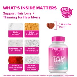 Pink Stork Postpartum Hair Loss Gummies | Biotin, Pantothenic Acid, Vitamin E, B6, B12 | Postnatal Hair Growth + Regrowth Support | Breastfeeding-Friendly | Postpartum Essentials | 60 Gummies