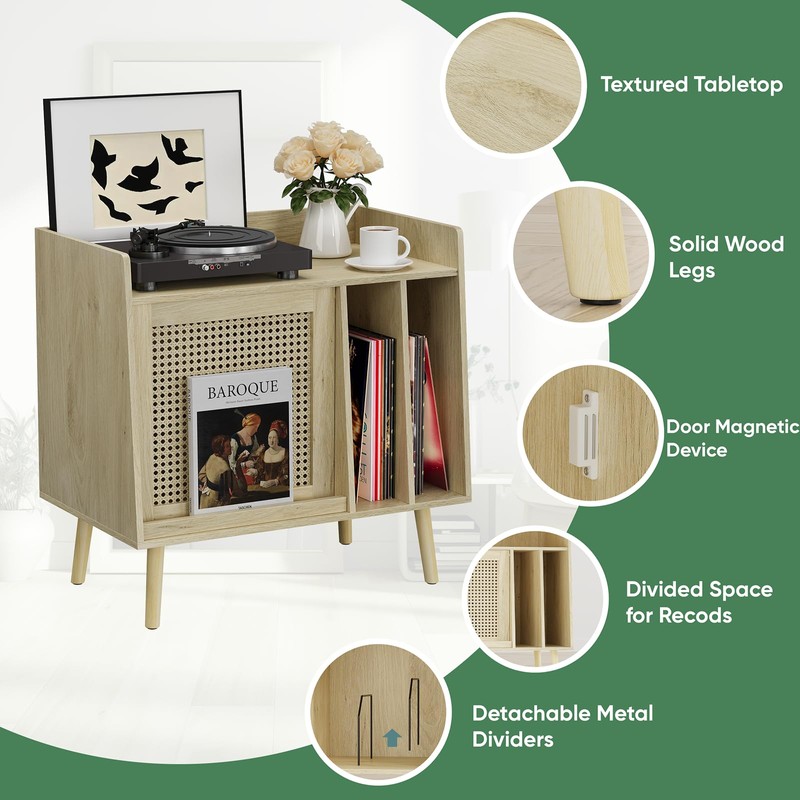 Kiasthome Record Player Stand, Vinyl Record Storage Cabinet Up to