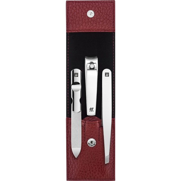 ZWILLING 3 Piece Red Cowhide Leather Nail Care Pedicure Set with Press Stud + Nail Clippers