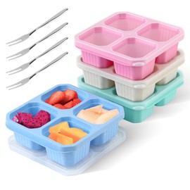 Pack of 4 Bento Snack Box with Compartments, Reusable Snack Containers, Meal Preparation for Children and Adults with 4 Fruit Forks, Bento Lunch Box, Split Food Containers for School, Work