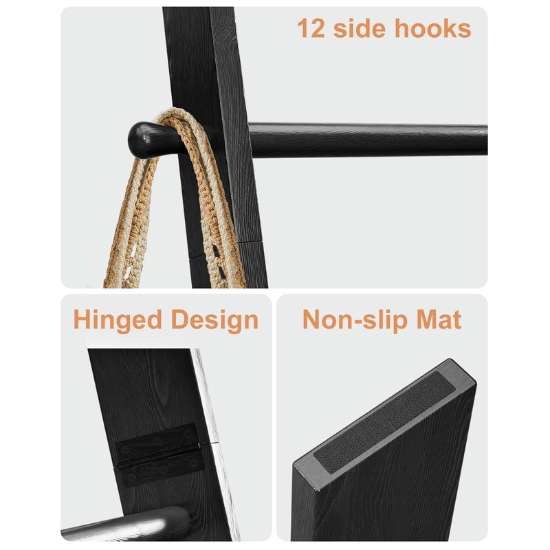 TEAKMAMA 6-Tier Blanket Ladder with Hanging Knobs, 5.5 Ft Wall