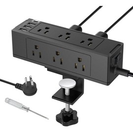 Desk Clamp Power Strip with USB Port, Desk Outlet 1700 Joules Surge Protector Power Strip, Desk Edge Mount Outlets with 9 Outlets and 4 USB Ports, Removable Clamp Power Strip, 6 FT Flat Plug - Color: white