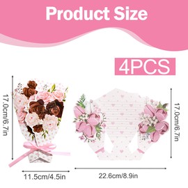 4pcs Thank You Cards, 3D Bouquet and Bow Design, Expressing Gratitude on Mother's Day, Weddings, Anniversaries, or as Teacher Thank You Card